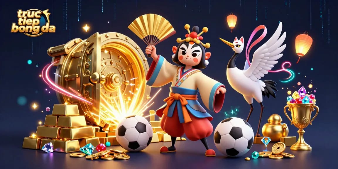 View the dynamic action of truc tiep bong da as a kabuki warrior and kitsune mask perform amidst vibrant gambling elements.