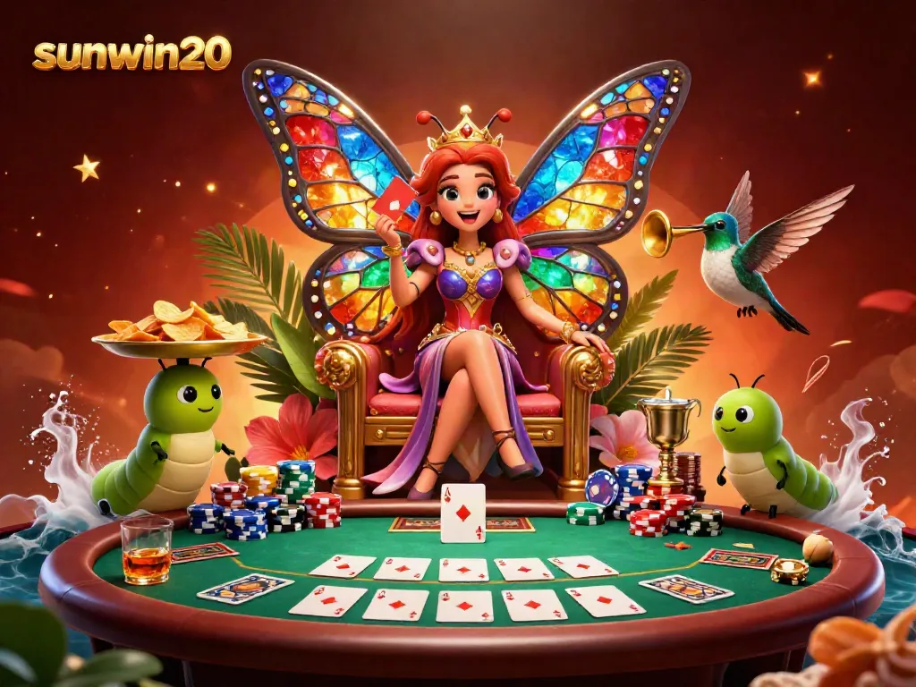 Engage with sunwin20's exciting atmosphere as a butterfly queen presides over a vibrant casino scene.