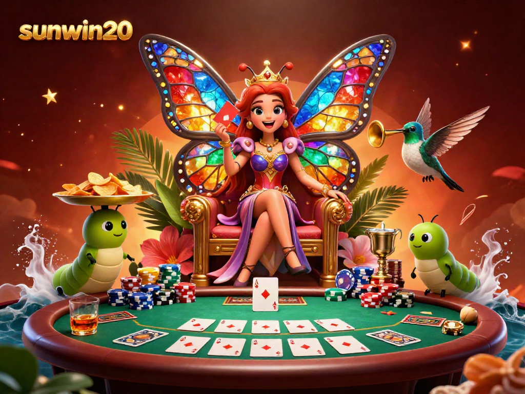 Engage with sunwin20's exciting atmosphere as a butterfly queen presides over a vibrant casino scene.