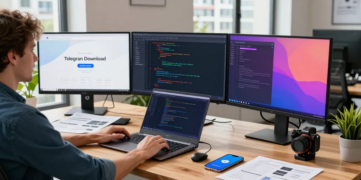 Developer engaging with Telegram Download in a modern workspace, showcasing high-tech devices and a creative environment.