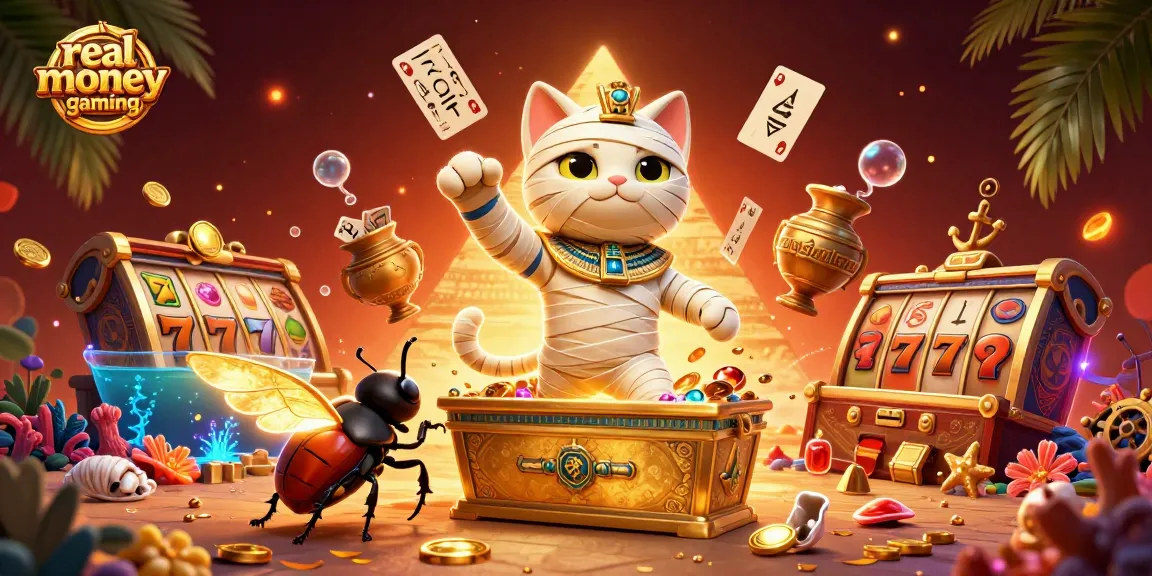 Experience real money gaming with a mummy cat and scarab beetle in a vibrant casino scene filled with slot machines.