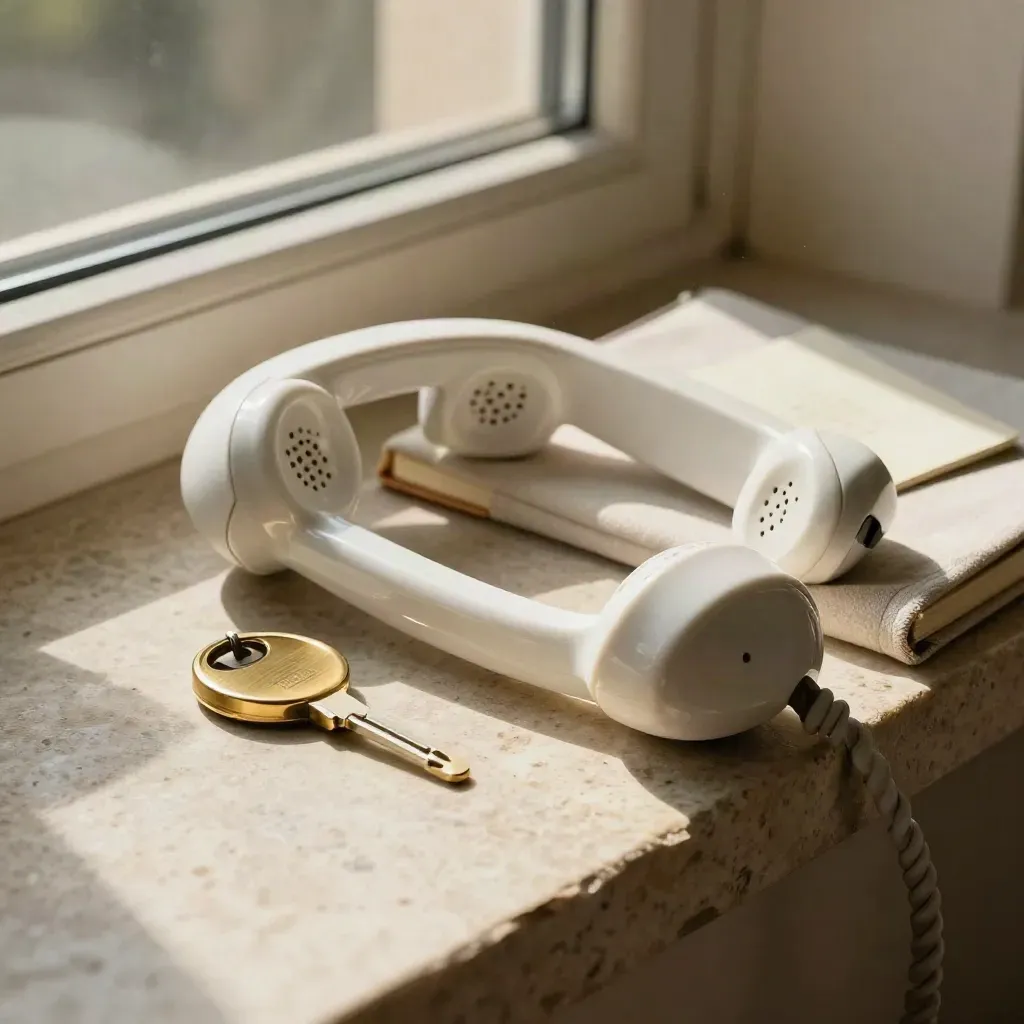 Vit keramisk telefon, mässingsnyckel och inlindad anteckningsbok i varmt fönsterljus.