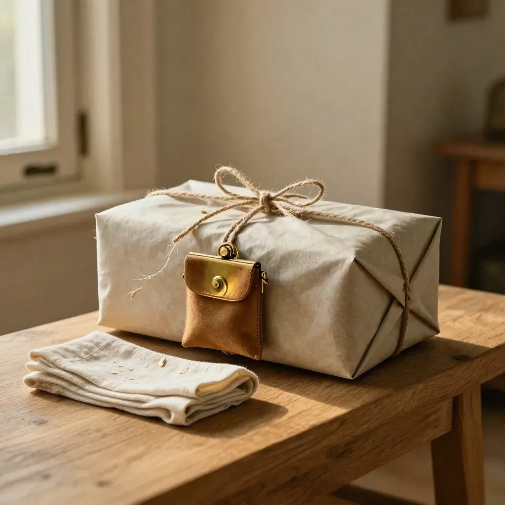 Flyttstöd med paketpapper, snöre, nyckelpåse och vikt tyg på en ljus ekbänk vid en dörr