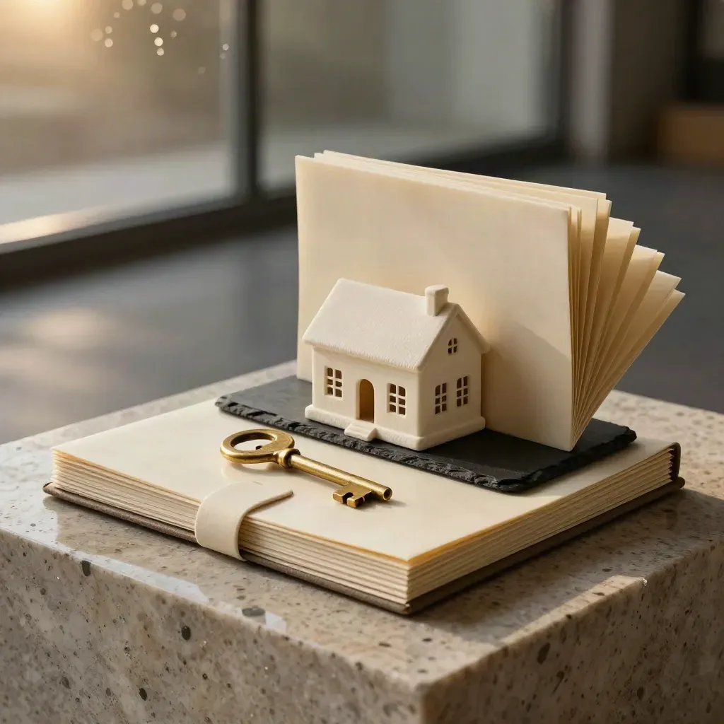 Ivory portfolio, mässingsnyckel, husmodell och papper på skifferbricka i varm studiobelysning.