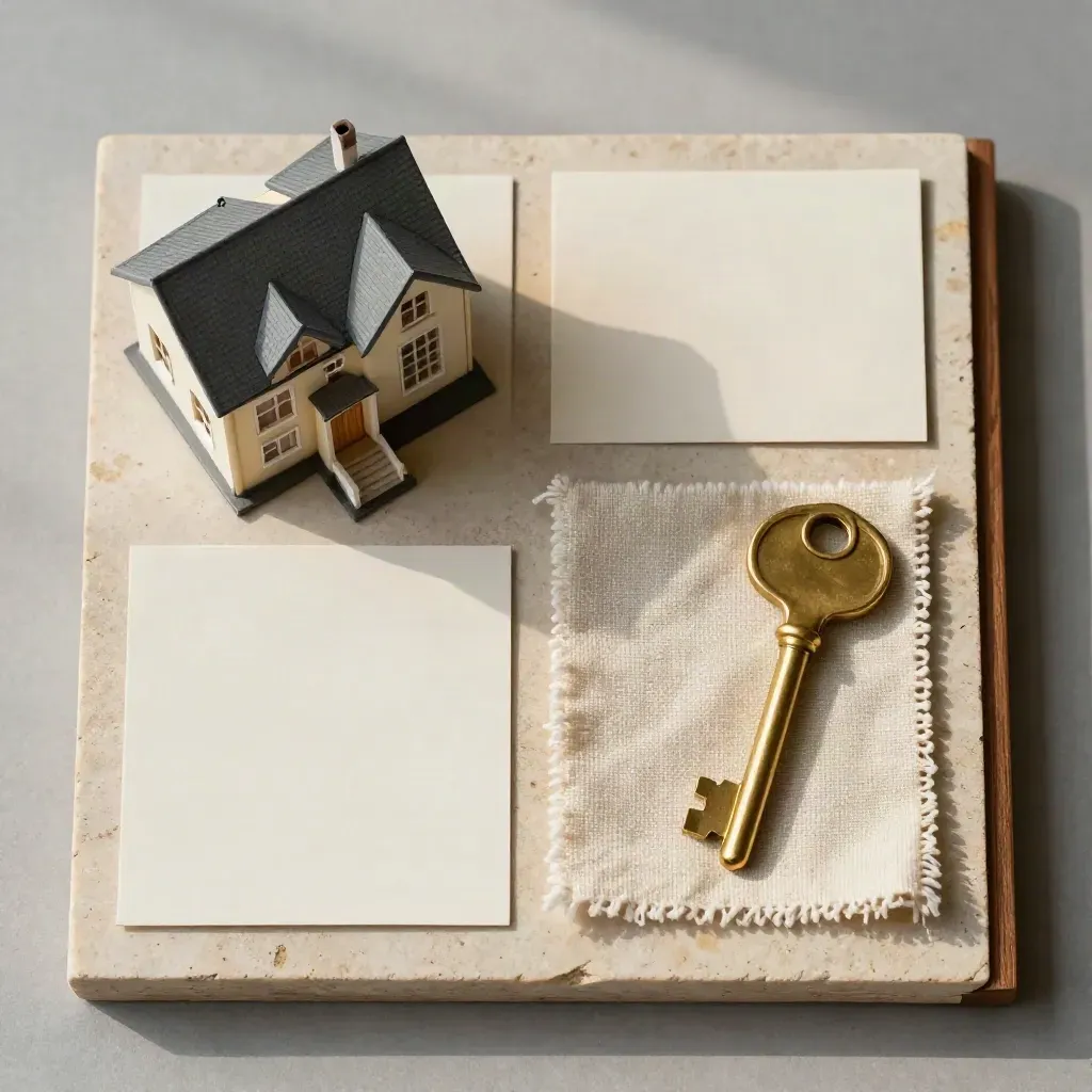 Villapaket med modellhus, kontaktkarta, tygprov och mässingsnyckel på ljus sten.