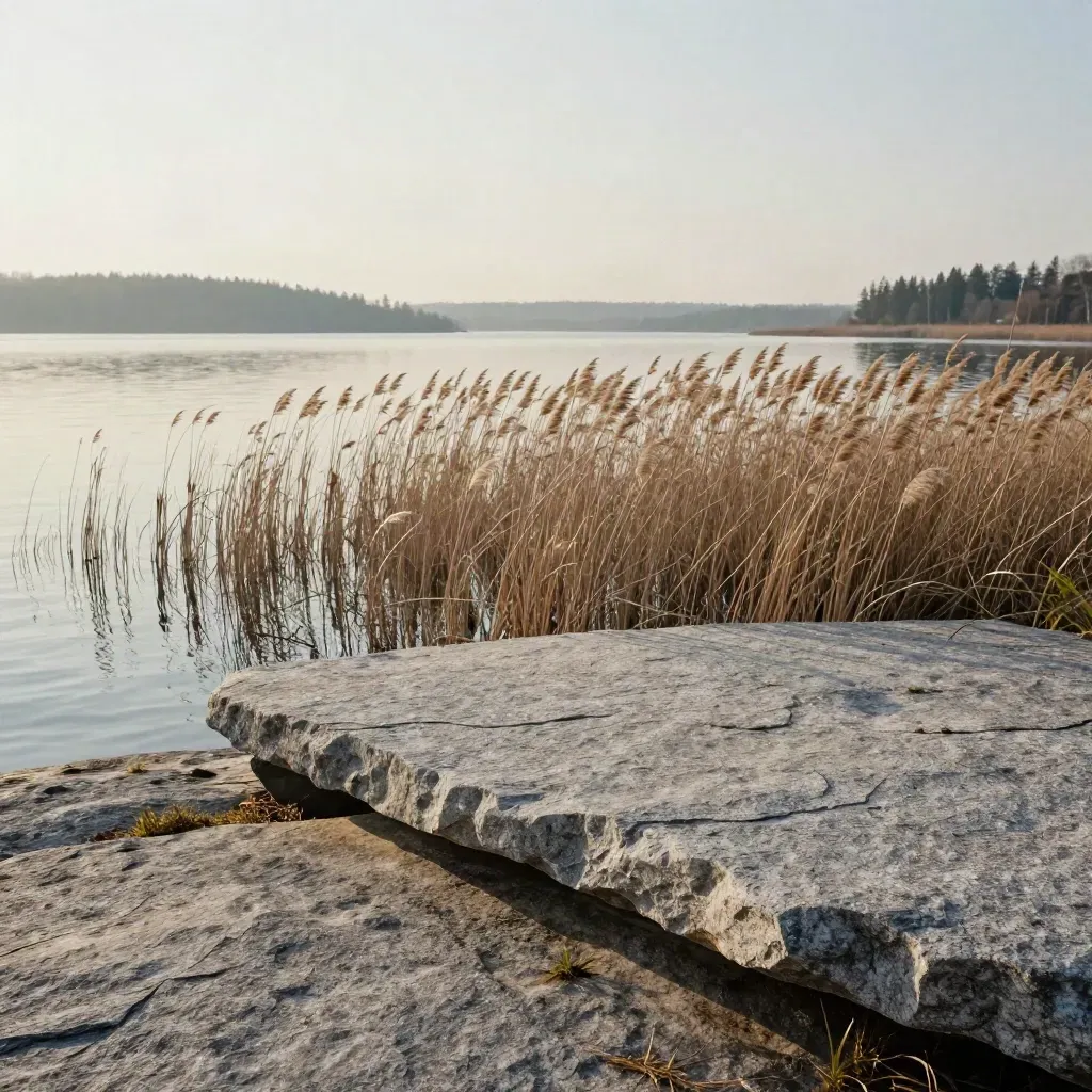 Sjökant med vass, granit och avlägsen skog i mjukt sommarljus.