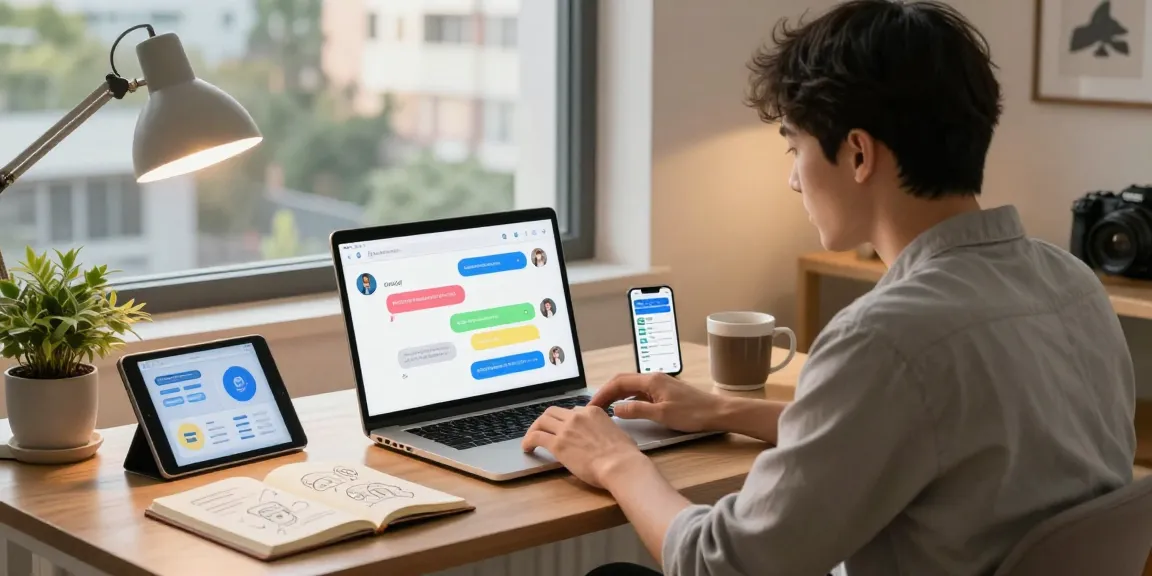 User engaging with a crush on ai chatbot in a cozy tech workspace with vibrant dialogue bubbles.