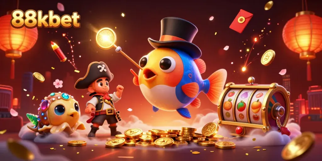 88kbet brings excitement through a vibrant 3D illustration of anglerfish, pirate shrimp, and treasure snail showcasing casino elements.